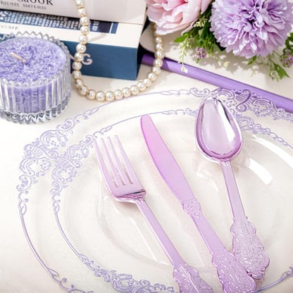 Hioasis 175pcs Clear and Purple Plates - Party Plates for 25 Guest, Include 50 Heavy-duty Plates(20% Thicker Than Standard), 25 Pre Rolled Plastic Silverware Set, 25 Cups for Graduation - color: Clear and Purple
