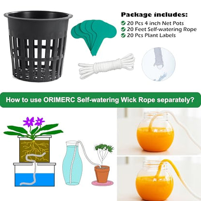 ORIMERC 4 inch Net Pots, 20 Pack Net Cups with 20 feet Self-Watering Rope&Plant Labels, for Hydroponic Aquaponics Kratky Orchid Vegetable Indoor Outdoor Growing Baskets Nursery Slotted Mesh BPA Free - size: 4 inch (20 Pack)