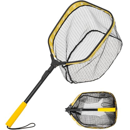 Floating Fishing Net for Fly Fishing, Foldable Landing Net | 31.2" Length, 15"x11.8" Hoop, Fish Net with Rubber Coated Polyethylene Mesh for Bass, Trout, Kayak & Boat Fishing - color: Yellow