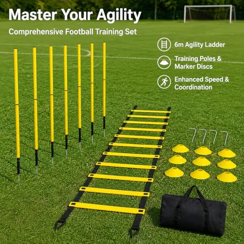 PVC Agility Ladder, 6m Speed and Agility Kit, 10 Training Cones & 6 Marker Poles, Sports Training Set with Carry Bag for Football