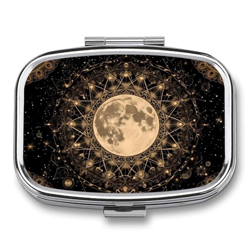 Mandala Moon Square Pill Box Metal 2.2x1.6 Inch,Medicine Storage Case Compact Travel Pill Organizer Pocket Pill Container for Daily Medication Vitamins Pills - color: Mandala Moon