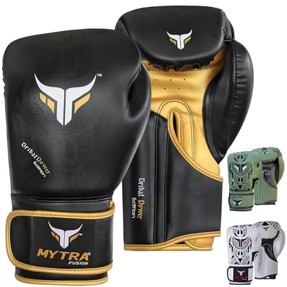 Mytra Fusion Boxing Gloves – Kickboxing Gloves for Men & Women Boxing Training Gloves MMA Muay Thai Gloves Punching Gloves - color: Black/Gold, size: 18-oz