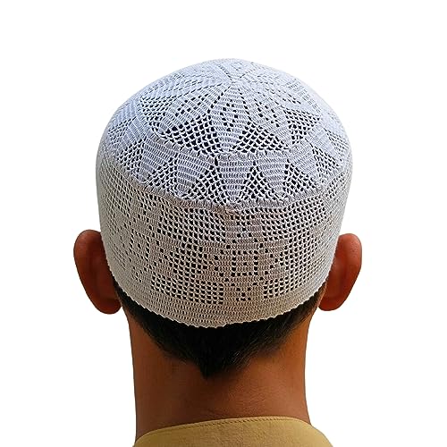 Muslim Prayer Caps by Feeha - White Knitted Kufi, Zakir Naik Caps, Taqiya Takke Peci for Men