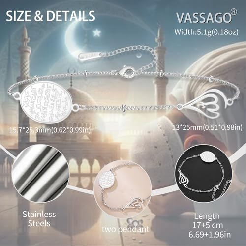 VASSAGO Islamic Ayatul Kursi Oval Bracelet for Women Allah Teardrop Link Bracelets Arabic Muslim Quran Calligraphy Charm Bracelet Islam Eid Ramadan Gift Jewelry Gifts - color: Ayatul Kursi Bracelet-S