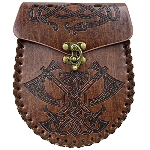 HiiFeuer Nordic Embossed Belt Bag, Retro Medieval Faux Leather Side Pocket, Portable Vintage Waist Bag for LARP Ren Faire - color: Axe