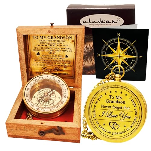 ALADEAN Brass Grandson's Divine Path Finder Compass - Engraved Quote, Wood Box, Uplifting Gift