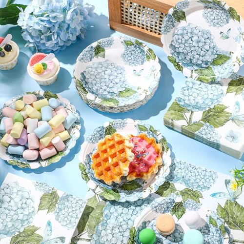Funnymoom 96 Pieces Hydrangea Floral Tableware Set for 48 Pcs Guest Include 48 Pcs 7 Inch Dessert Plates and 48 Napkins Watercolor Disposable Dinnerware for Birthday Wedding Baby Shower Party Supplies - style: Hydrangea
