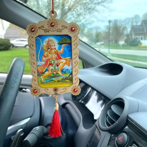 LOVENSPIRE Hindu Car Hanging Ornament Photo Frame Rear View Mirror Car Charm Interior Decoration Accessories Dashboard Decor Ganesha Krishna Hanuman Om Balaji Shiv (Pack of 1) - style: Hanuman