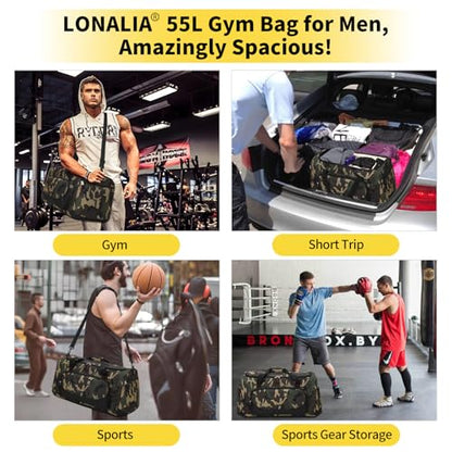55L Sports Duffle Bag for Men, 22 inch, Camo | Multi Pockets, Water Resistant, Weekend Travel, Workout, Fitness - color: Camo