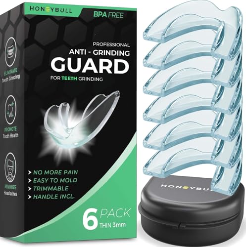 HONEYBULL Anti Grinding Night Guards, Custom Moldable Guards, 6 Pack Thin | BPA-free material, slim profile for lighter grinding, overnight comfort, storage case included - size: Thin