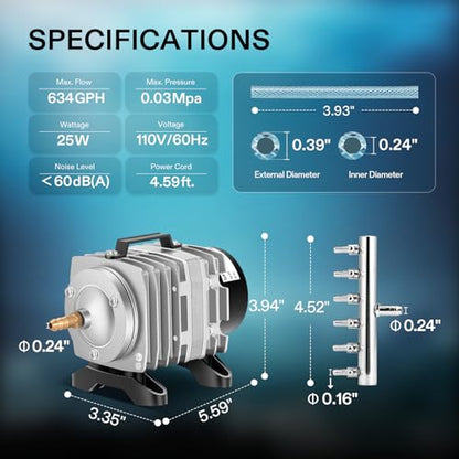VIVOSUN 634GPH Aquarium Air Pump Commercial Air Pump with Aluminum Housing | 6 Outlet 25W 25L/min, Fish Tank Bubbler Pond Aerator for Aquariums, Ponds, Hydroponics - size: 7"×4"-634