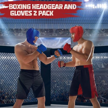 Boxing Gloves and Headgear Set Including 2 Pack Boxing Headgear and 2 Pack Boxing Gloves Boxing Equipment Sparring Gear Equipment for Beginners Adults - color: BlueRed