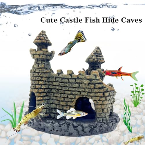 Small Aquarium Castle Decor , Mini Cute Fish Tank Castle Ornaments, Young Little Fish Fish Larvaes Shrimp Hide Caves Hideout for Small Medium Fish Tank Decor Crab Cichlid Betta Tank Decor (Brown)