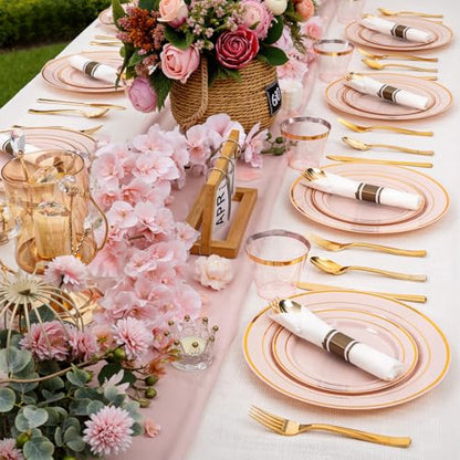 175PCS Pink Gold Plastic Dinnerware Set,Pink Plastic Plates, Include: 25 Dinner Plates, 25 Dessert Plates, 25 Pre Rolled Napkins with Gold Silverware, 25 Cups for Spring Wedding,Mother's Day - color: Pink and Gold