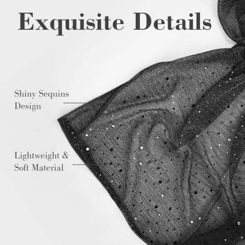 Sequin Scarf for Women Lightweight Mesh Shawl Wrap Bandana Hijab Headscarf for Summer Evening Dress - color: Black