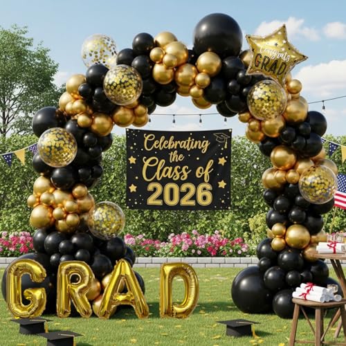 Graduation Balloon Arch Kit - 115Pcs Black Gold Graduation Balloon Garland with GRAD Letters and Star Foil Balloons for Class of 2026 Grad Prom Party Decor - color: Black Gold Star