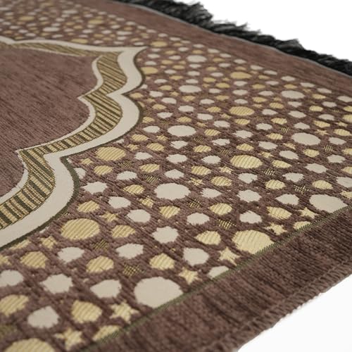 Modefa Turkish Islamic Prayer Mat - Wide Chenille Praying Mat - Multi Person Muslim Janamaz Sajada for Family - Large Gathering & Group Praying Carpet - Selcuk Star 3 Person (Beige) - color: Beige