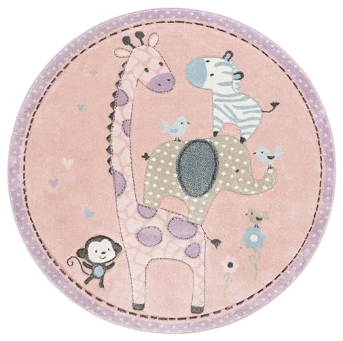 SAFAVIEH Carousel Kids Collection Area Rug - 3' Round, Blush Pink, Geometric Design, Ideal for High Traffic Areas in Living Room, Bedroom, Dining (CRK120U) - color: Blush Pink, size: 3' (Round)