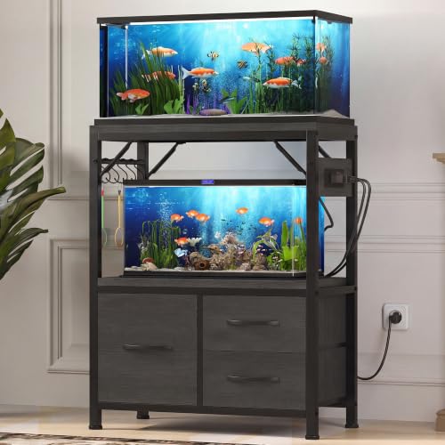 Heybly 10-20Gal Fish Tank Stand with Drawer, Power Outlet,200lb HAS003SBK-1 | Aquarium Stand,Heavy Duty Metal Frame for Fish Tank, Turtle & Reptile Terrarium, 23.6" × 11.8" Top, Black - color: Black, size: 10-20 gal（(Not Fit for 20-gal long tanks)）