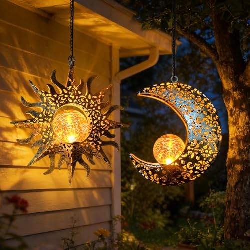 Solar Hanging Sun Moon Lights,Outdooor Lanterns Waterproof Garden Gifts - size: Warm Yellow