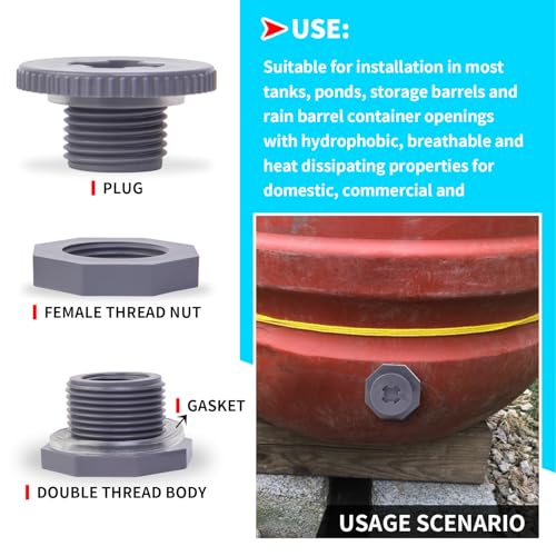 ChillWaves PVC Bulkhead Fitting 1/2" Double Thread Connector Adapter with Plugs for Water Tank, Aquariums, Rain barrels(4-PACK) - size: 1/2 INCH, style: Bulkhead Fitting + Plug