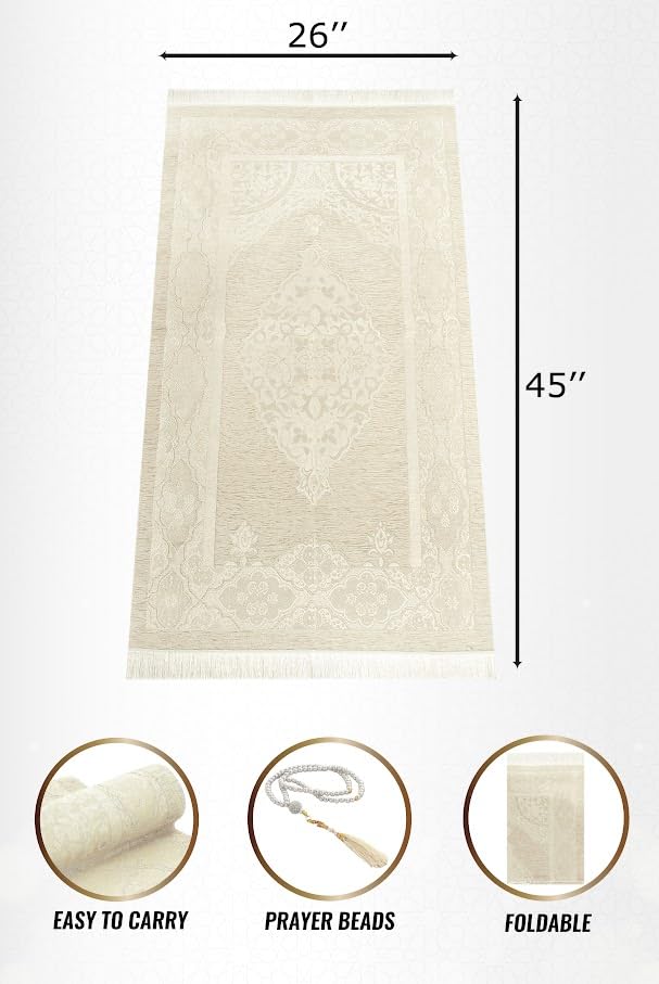 ihvan online Muslim Prayer Rug with 99 Beads Tasbih, Soft Chenille Sajadah, Lightweight & Foldable Janamaz, Portable Travel Prayer Mat, Islamic Gift for Eid, Ramadan, Hajj & Umrah, Cream - color: Cream