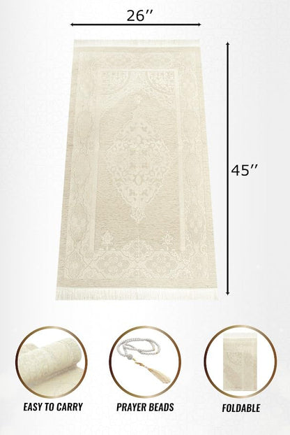 ihvan online Muslim Prayer Rug with 99 Beads Tasbih, Soft Chenille Sajadah, Lightweight & Foldable Janamaz, Portable Travel Prayer Mat, Islamic Gift for Eid, Ramadan, Hajj & Umrah, Cream - color: Cream