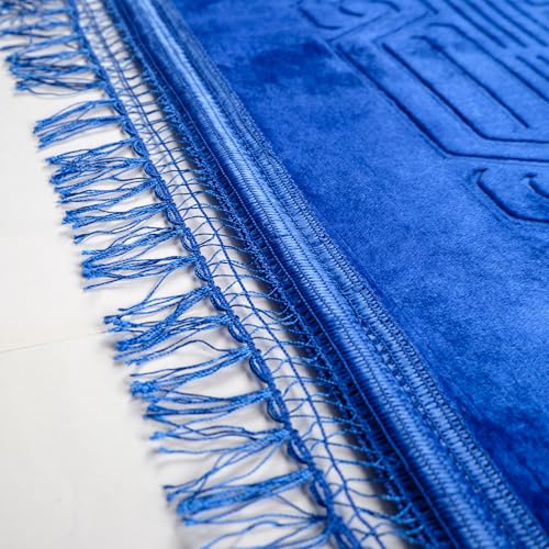 Prayer Rug - Soft Plush Turkish Janamaz Sajada Carpet for Men and Women - Plain Solid Prayer Mat Ramadan Eid Gift - with Prayer Beads - Luxury Floral Stamp, Dark Blue - color: Dark Blue