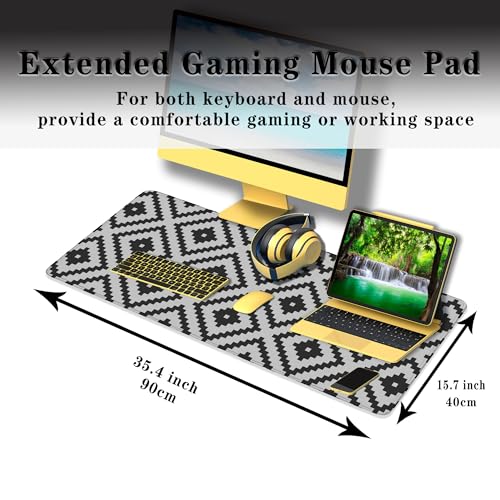 Large Mouse Pad Black and White XXL Mousepad Gaming Mouse Pads Computer Desk Mats Extra Large Desk Pad Non-Slip Rubber Base 35.4" X 15.7" for Game Office, Classic Rhombus Pattern - color: Black/White Classic Geometry