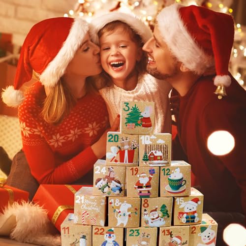 ONESING 24 Pcs DIY Christmas Advent Calendar Boxes for 2024, 24 Days Countdown Calendar Gift for Adults and Kids Christmas Cardboard Number Boxes Make & Fill Your Own Advent Calendar Boxes, Lovely Xmas Kraft Papper Box - color: Style-E
