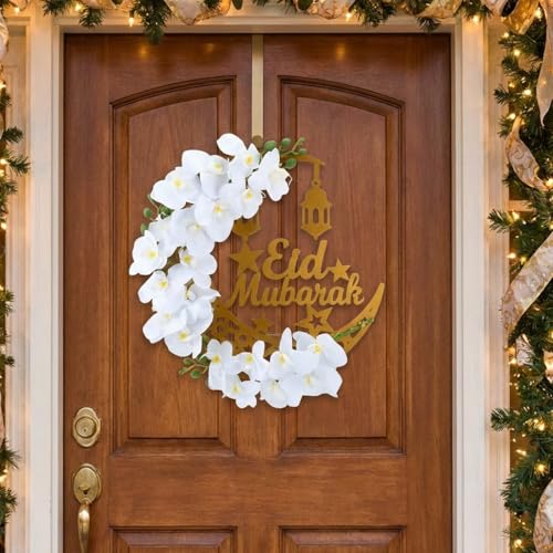 Lineshading Eid 라마단 무바라크 화환 라마단 장식 가정 현관 이드 장식 원형 금속 후프 꽃 벽걸이 화환 벽 창문 실내 실외 농가 장식 (클래식) - style: 클래식