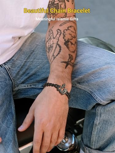PROSTEEL Allah Bracelet, Muslim Islamic Jewelry Religious Islam Arabic God Charm Stainless Steel Beads Chain Bracelet, fits wrist from 5.9'' to 7.9'', Come with Box - color: 02 black-cuban chain