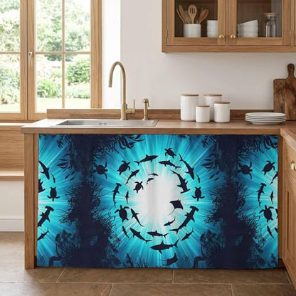 BEMIGO Blue Coastal Cabinet Curtain 32" Wx55 L, Dustproof Pantry Door Curtain with Self Adhesive Tape, Nautical Fish Turtle Coral Tall Storage Cover Privacy Drape for Bathroom Kitchen Laundry Room - size: 32"W x 55"L (Pack of 1)