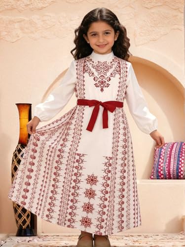 ABAO SISTER Girls Muslim Abaya Ramadan Prayer Dress Embroidery Long Sleeves Middle East Arabic Kaftan - size: 8