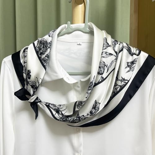 FONYVE Silk Feeling Scarf Medium Square Satin Head Scarf for Women 27.5 × 27.5 inches - color: 03 Black & White Flowers