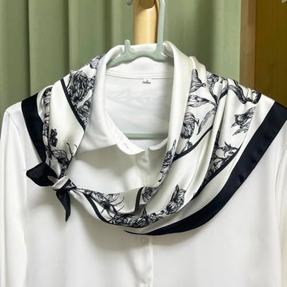 FONYVE Silk Feeling Scarf Medium Square Satin Head Scarf for Women 27.5 × 27.5 inches - color: 03 Black & White Flowers