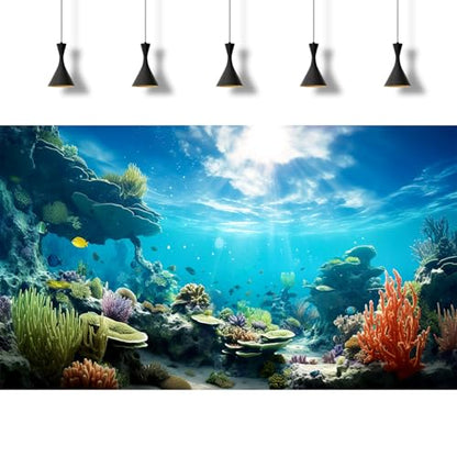 Ocean Aquarium Background Underwater Coral Reef Seascape Fish Tank Background Under Water Seaweed Floor Terrarium Backgrounds Cave Sunlight Fish Tank Backgrounds Aquarium Wallpaper Poster 72x24in - size: 72(W)x24(H)inches/ 180(W)*60cm(H)
