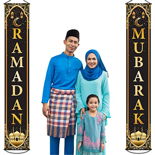 Ramadan Mubarak Banner Eid Mubarak Door Sign Hanging Banners Decoration Set for Ramadan Themed Party Indoor and Outdoor Party Supplies Decorations
