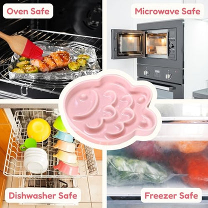 Ceramic Cat Slow Feeder Bowl - Shallow Whisker Friendly Cat Plate for Dry and Wet Food - Puzzle Feeder for Slow Eating - Helps Reduce Vomiting - Microwave & Dishwasher Safe -Non Slip(Pink, 6.3''W) - color: Pink