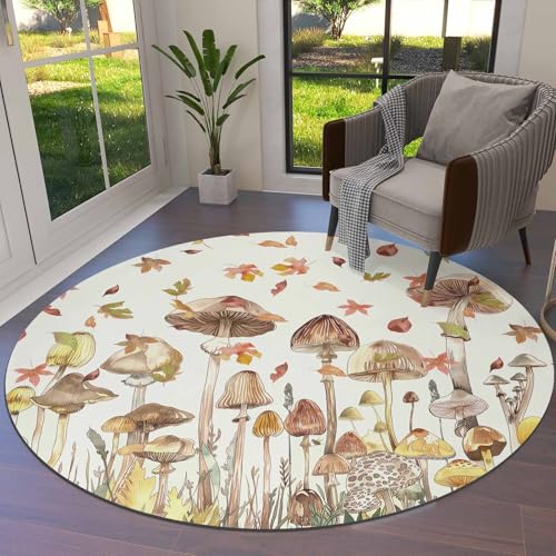 Fall Mushroom Area Rug Carpet for Kids Teen Girls Boys Bedroom, Living Room, Thanksgiving Autumn Maple Leaves Washable Outdoor Indoor Accent Throw Runner Floor Mat Area+Rug 4FT(Round) - color: White, size: 4FT(Round)