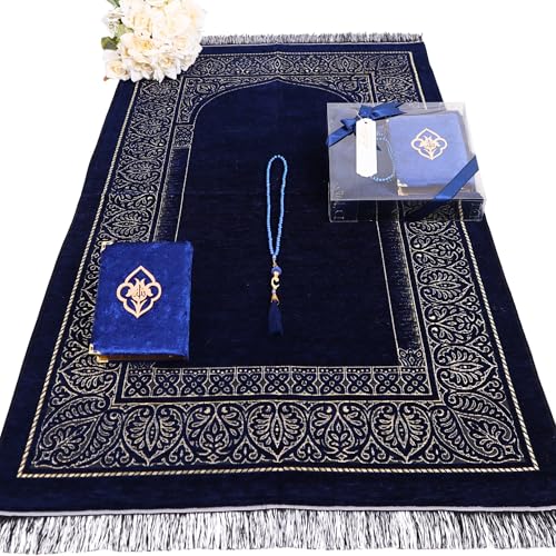 IEF Personalized Prayer Rug Quran Prayer Beads Islamic Gift Set, Ramadan Eid Wedding Birthday Mother's Day Father's Day Anniversary Day Gifts - color: Navy Blue
