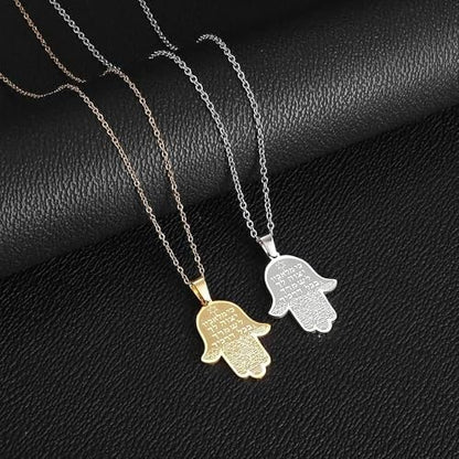 Jewish Hamsa Hand Hebrew Text Pendant Chain Necklace for Women | Hamsa hand engraved with hebrew text & star of david, symbolizes protection, ideal birthday holiday gift jewelry for women - color: golden