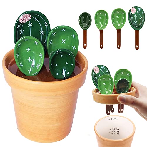 5 Pieces Measuring Spoons Set/Ceramics Spoons and Measuring Base Cup/for Dry and Liquid Ingredient, Cute Cactus Shape (Solid color base) - color: Solid color base