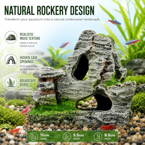 Resin Aquarium Mountain Decor with Moss Rock Cave - Multi-Level Terrain for Fish Tank Landscaping, Natural-Looking Rockery Design with Hidden Cave and Crevices for Shrimp, Reptile Habitat Aquascaping