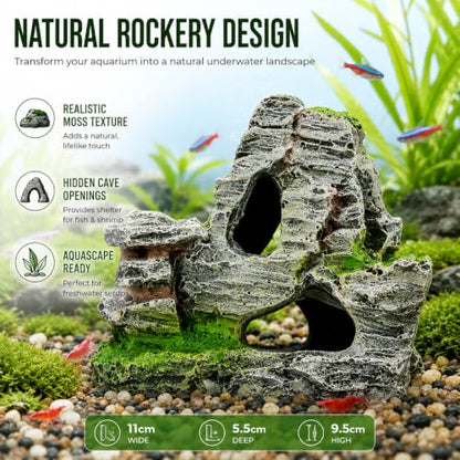 Resin Aquarium Mountain Decor with Moss Rock Cave - Multi-Level Terrain for Fish Tank Landscaping, Natural-Looking Rockery Design with Hidden Cave and Crevices for Shrimp, Reptile Habitat Aquascaping