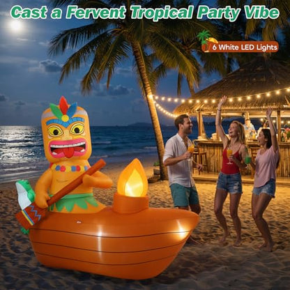 Lewondr 5.25FT Inflatable Tiki Luau Decor, Boat Luau Party Decorations, Blow up Hawaiian Outdoor Decorations with 6 LED Lights, Summer Outdoor Inflatables for Tropical Pool Beach Yard Lawn - style: Boat