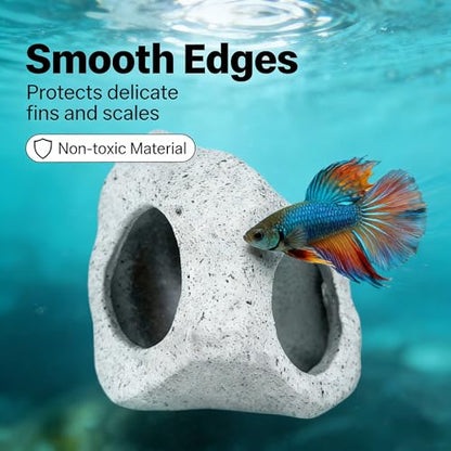 Ceramic Aquarium Rock Cave Decor, Medium, Fish Tank Hideout Ornament for Betta, Shrimp and Cichlids