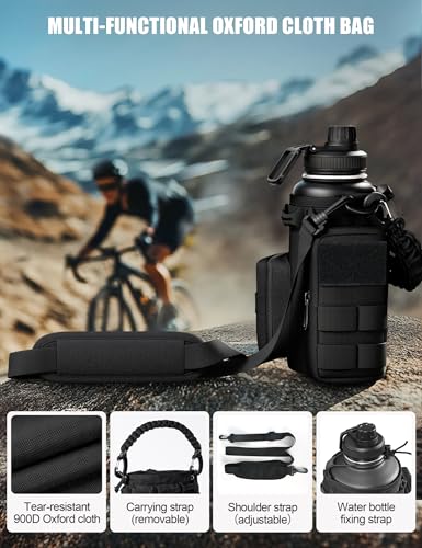 Tactical Water Bottle with Straw, 32 Oz Insulated Water Jug with Molle Water Bottle Holder, Stainless Steel Sport Bottle with 2 BPA Free Lids for Gym Workout Hiking (32oz-Black) - color: 32oz-Black