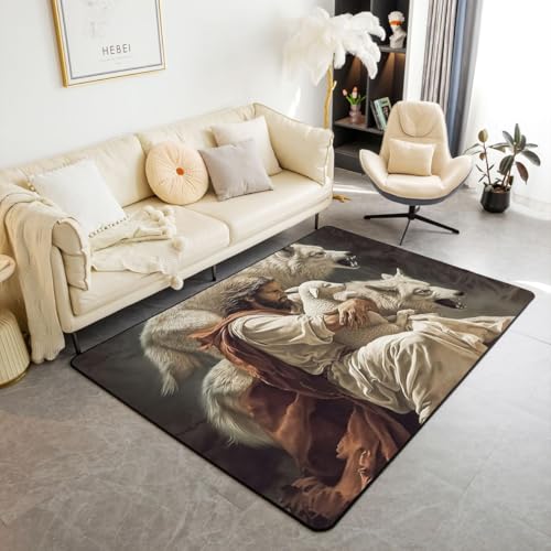 Homewish God Sheep Wolf Kids Area Rug,Western Bible Verse Indoor Floor Mat Entrance Rug for Girls Boys,Faith-Inspired Lamb Theme Non Slip Rug,Retro Black Couch Living Room Decor,5'x6'6'' - color: Retro Black, size: 4'11" x 6'7" (Rectangular)
