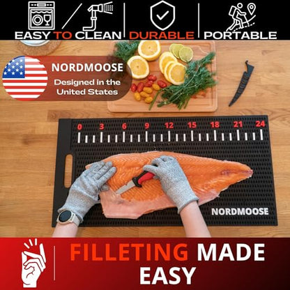 Nordmoose Fish Fillet Mat with Storage Bag and Fish Ruler Decal. Large 28""x14"" Nonslip Fish Cleaning Mat that Grips the Fish - Durable & Easy to Clean, Portable Fish Cutting Board, Black